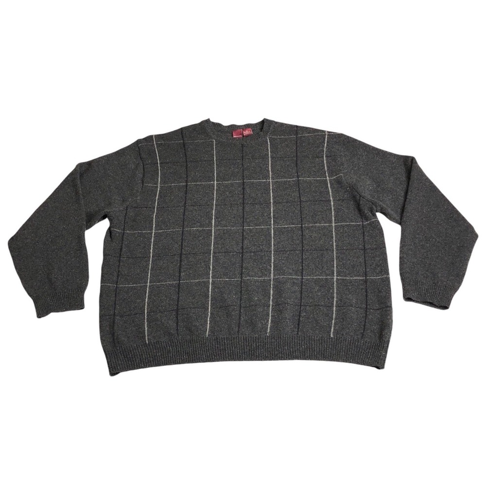 Vintage Merona Sweater Men XL Gray Windowpane Wool Blend Knit Preppy Grandpa
